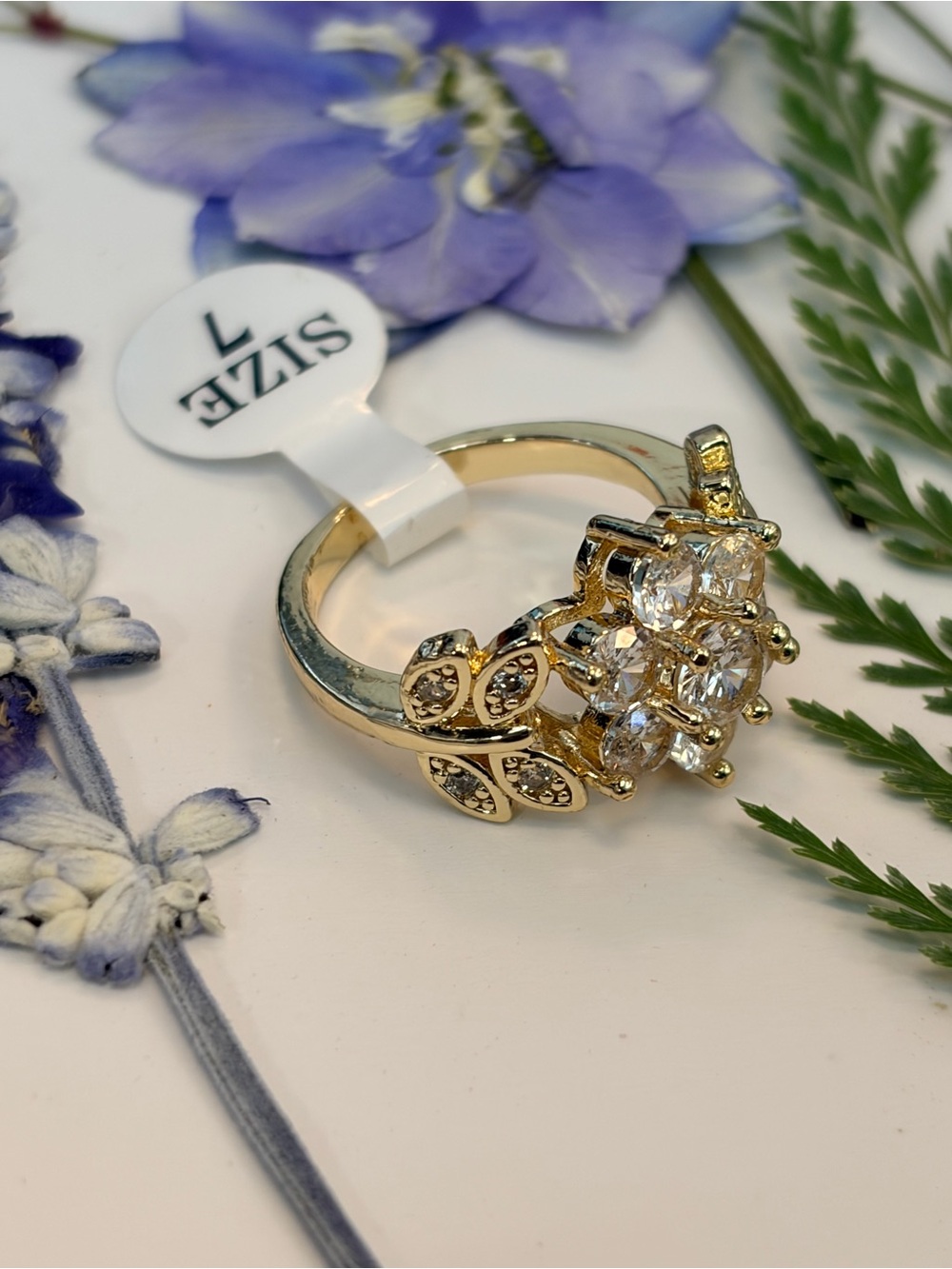 18k Gold Plated Floral Cluster Statement Ring - Size 7